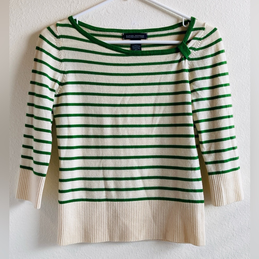 Banana Republic Green Cream Striped Merino Wool Sweater Size S Tie Detail